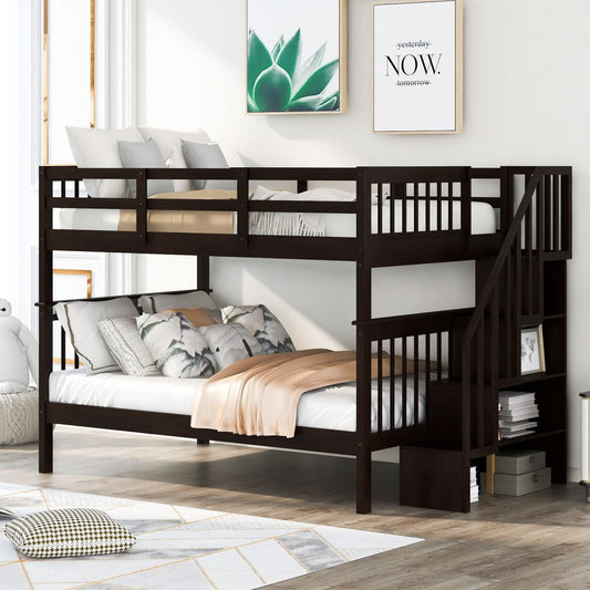 Staircase Storage Full Over Full Wood Bunk Bed with Storage and Guard Rail, Espresso | Just Better Bunk Beds