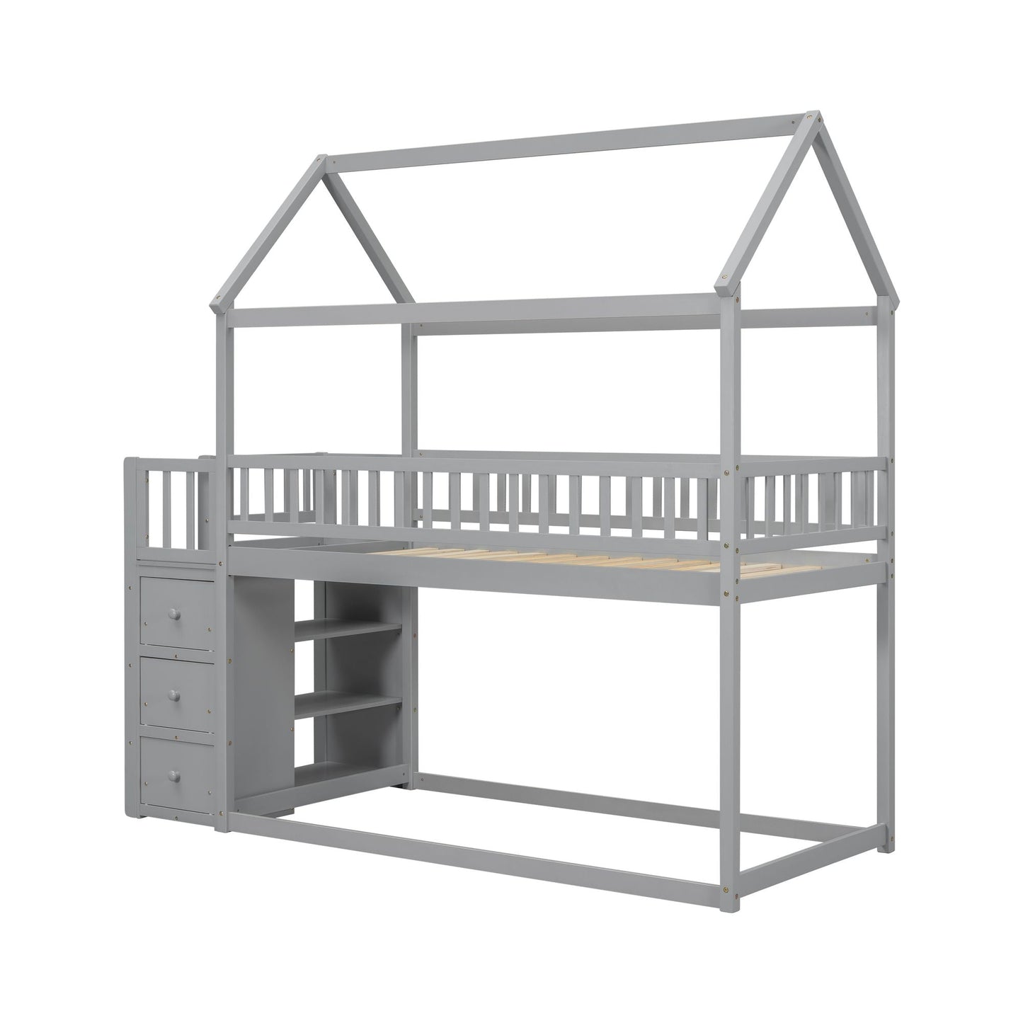 House-Style Twin Over Twin Wood Bunk Bed with Shelves and Drawers, Gray | Just Better Bunk Beds