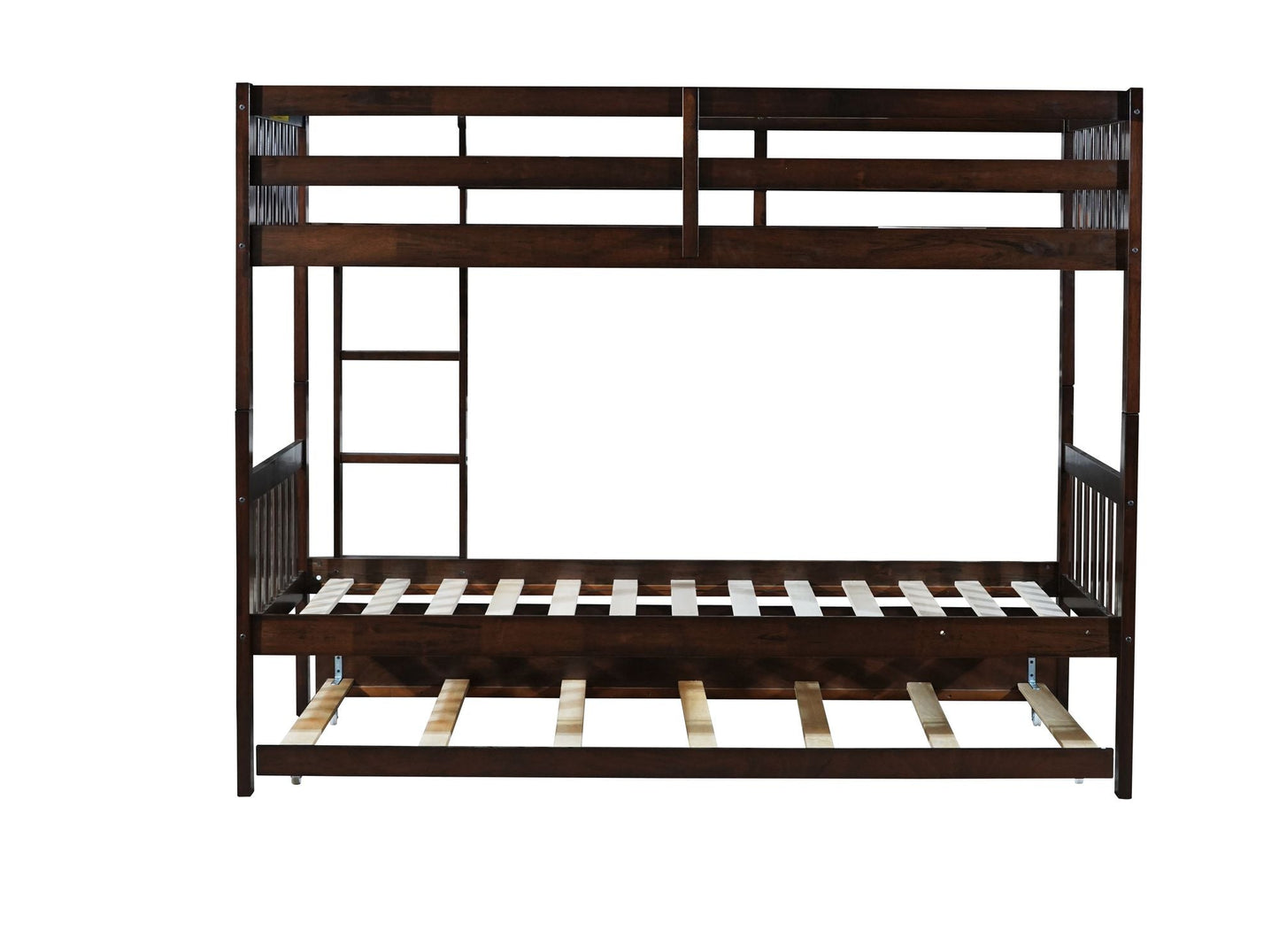 Convertible Twin Over Twin Rubber Wood Bunk Bed with Trundle, Ladder, and Guardrails, Espresso | Just Better Bunk Beds