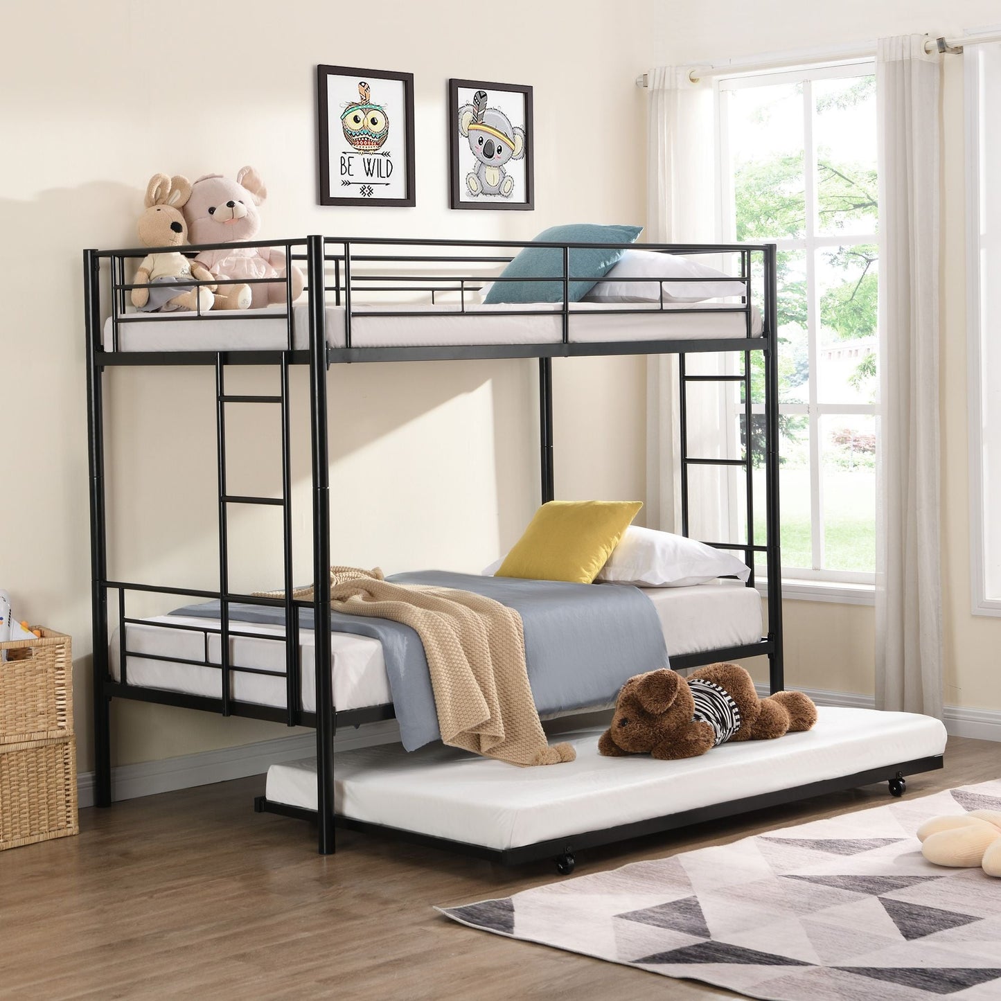 Heavy-Duty Twin Metal Bunk Bed with Trundle and Guard Rail, Multiple Colors | Just Better Bunk Beds
