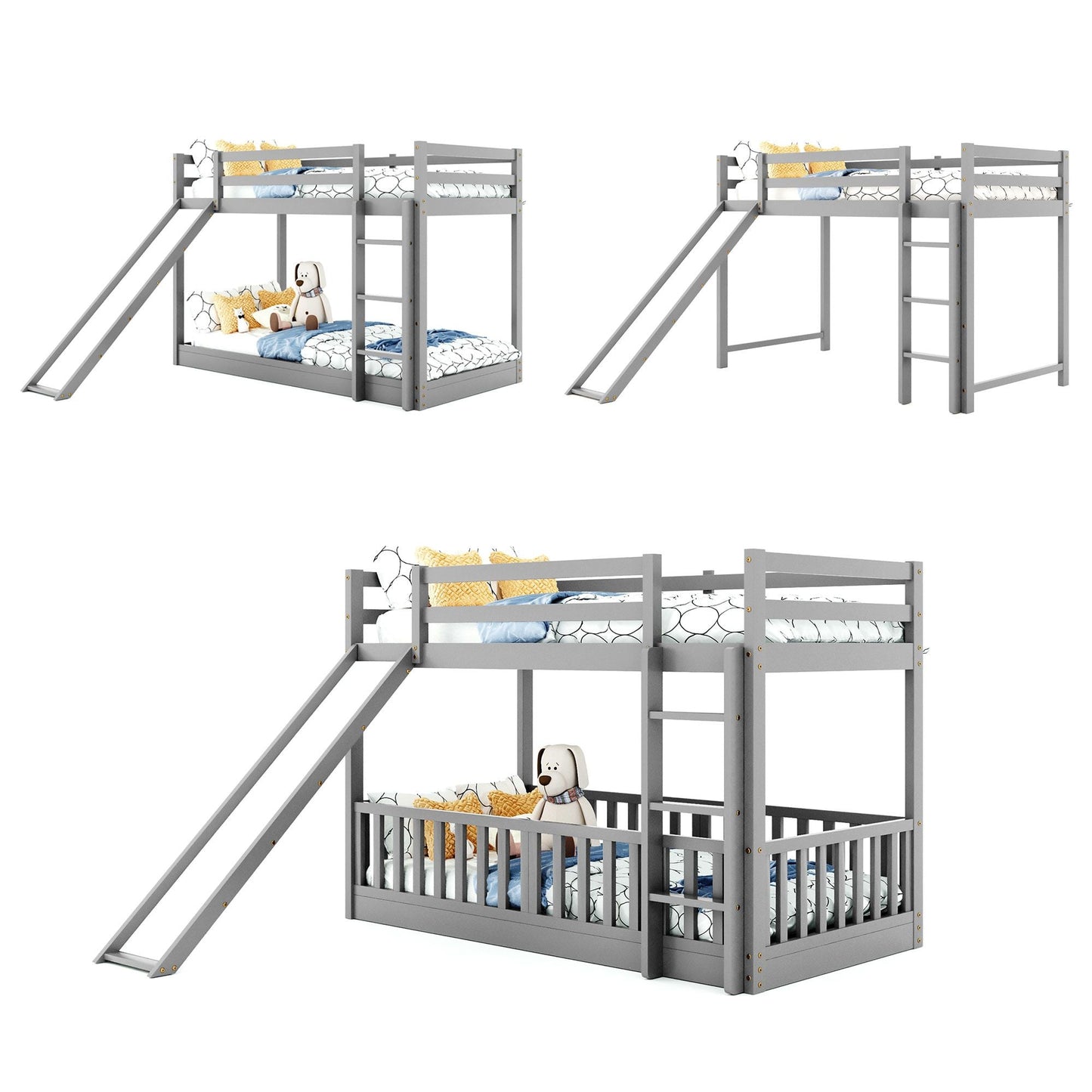 Kids Bedroom Twin Over Twin Wood Bunk Bed with Slide and Ladder, White | Just Better Bunk Beds
