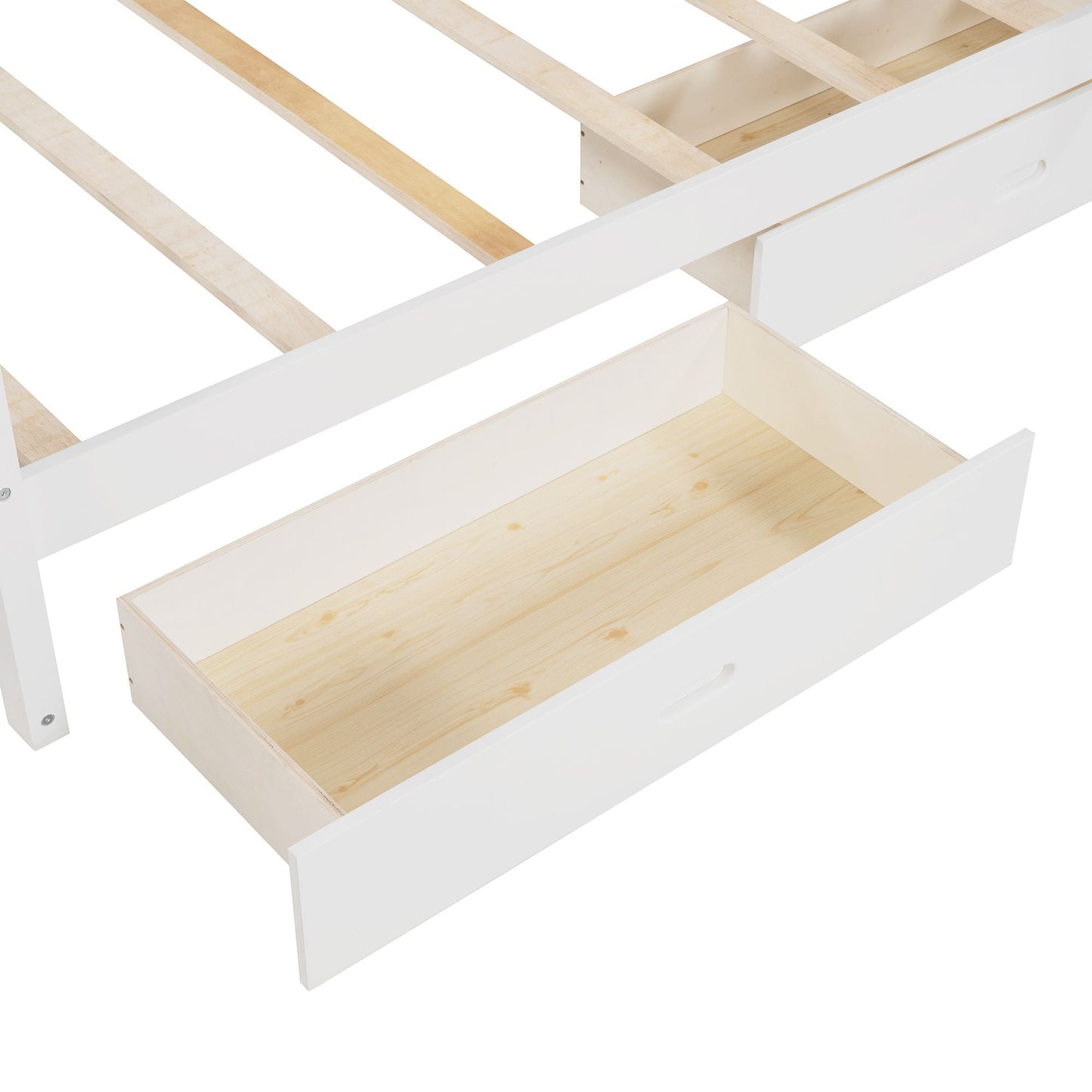 Storage-Enhanced Twin Over Twin Wood Bunk Bed with Ladders, Two Drawers, White | Just Better Bunk Beds