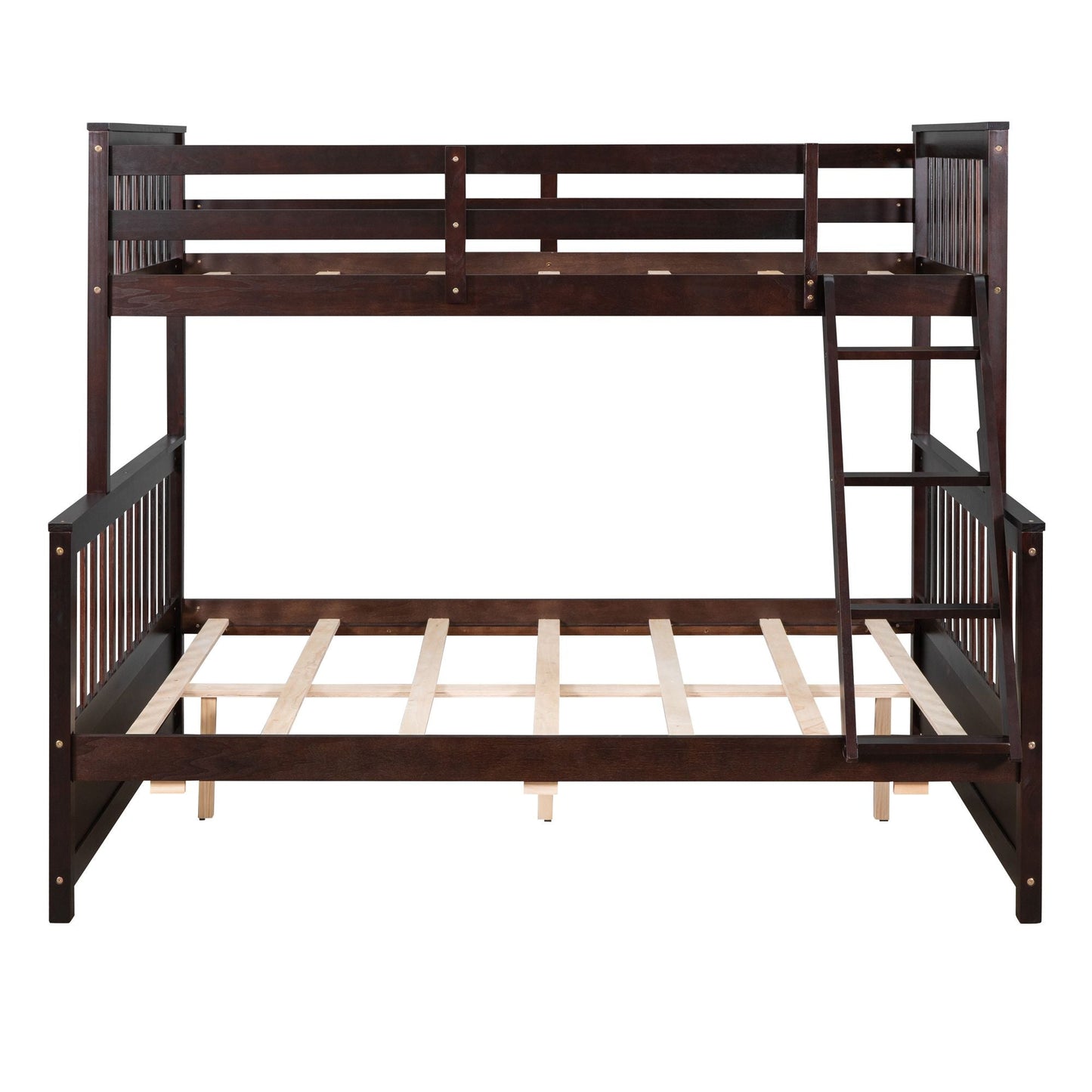 Heavy-Duty Twin Over Full Wood Bunk Bed with Ladder and Two Storage Drawers, Espresso | Just Better Bunk Beds