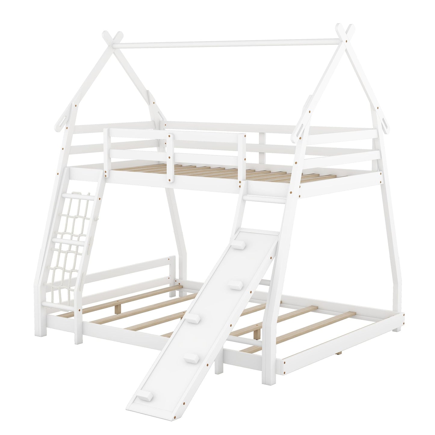 House-Style Twin Over Queen Wood Bunk Bed with Climbing Nets and Ramp, White | Just Better Bunk Beds