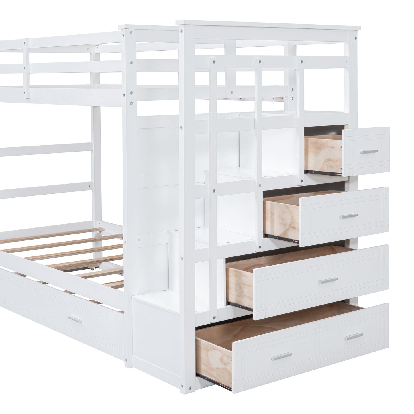 Shared Room Solution Twin Over Twin Wood Bunk Bed with Trundle and Staircase, White | Just Better Bunk Beds