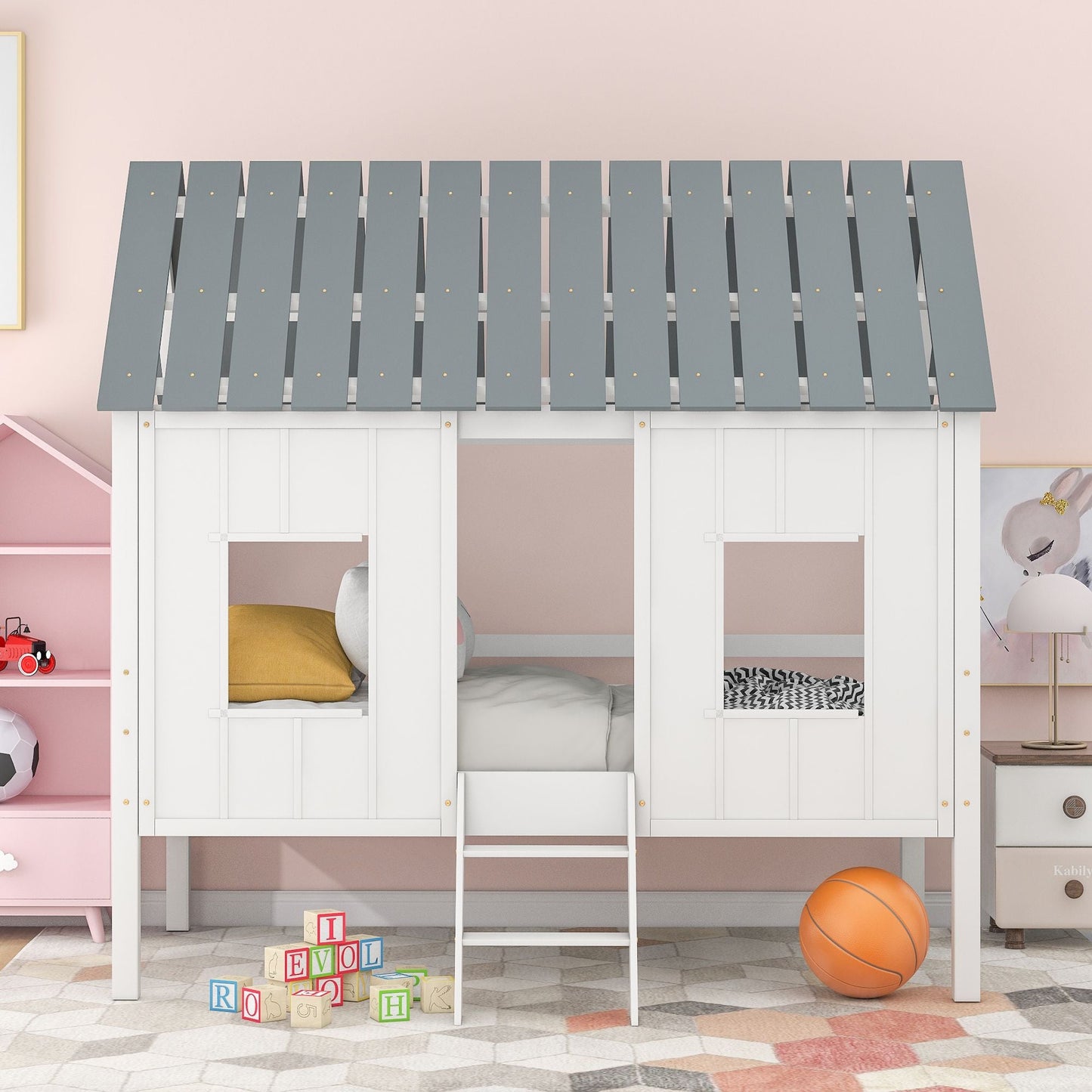 House-Style Twin Low Loft Wood Bed with Roof and Two Front Windows, White | Just Better Bunk Beds