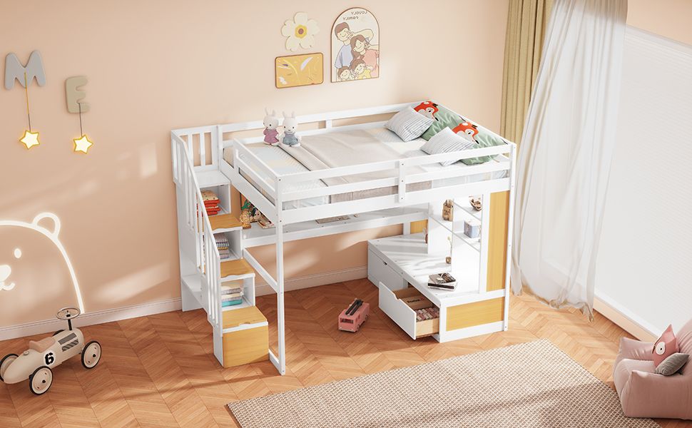 Space-Saving Full Wood Loft Bed with Desk, Shelves, Drawers, Storage Staircase, White and Natural | Just Better Bunk Beds