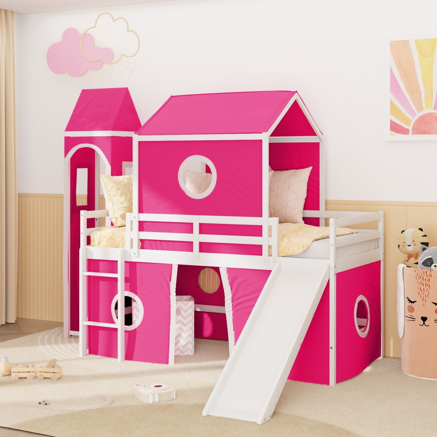 Kids Bedroom Twin Loft Bed with Slide, Pink Tent and Tower, Pink Wood | Just Better Bunk Beds