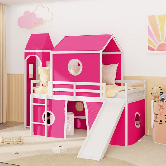 Kids Bedroom Twin Loft Bed with Slide, Pink Tent and Tower, Pink Wood | Just Better Bunk Beds