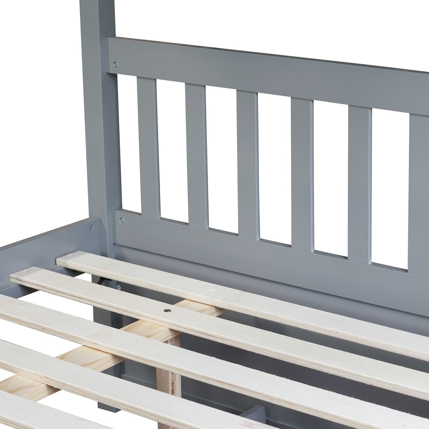 Convertible Full Over Full Rubber Wood Bunk Bed with Trundle, Ladder, and Guardrails, Gray | Just Better Bunk Beds