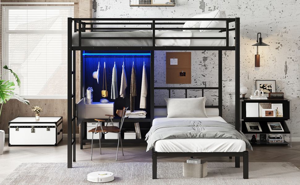 Space-Saving Full XL Over Twin Metal Bunk Bed with Folding Desk and LED Closet, Black | Just Better Bunk Beds