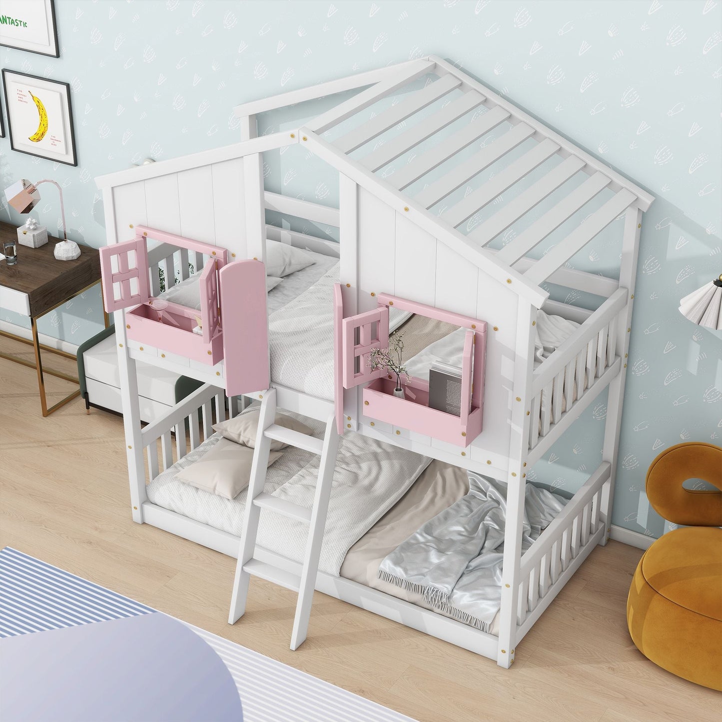 House-Style Twin Over Twin Wood Bunk Bed with Roof, Window, Door, and Ladder, Multiple Colors | Just Better Bunk Beds