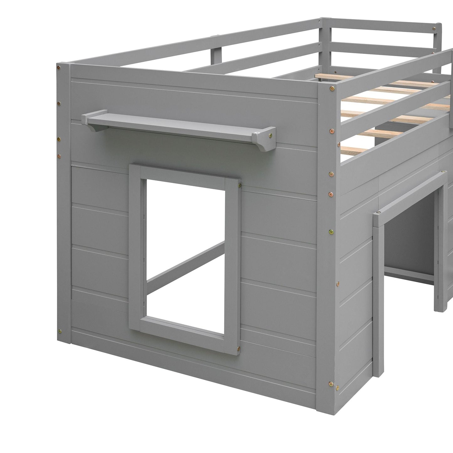 Kids Bedroom Twin Wood Loft Bed with Cabinet and Shelf, White | Just Better Bunk Beds