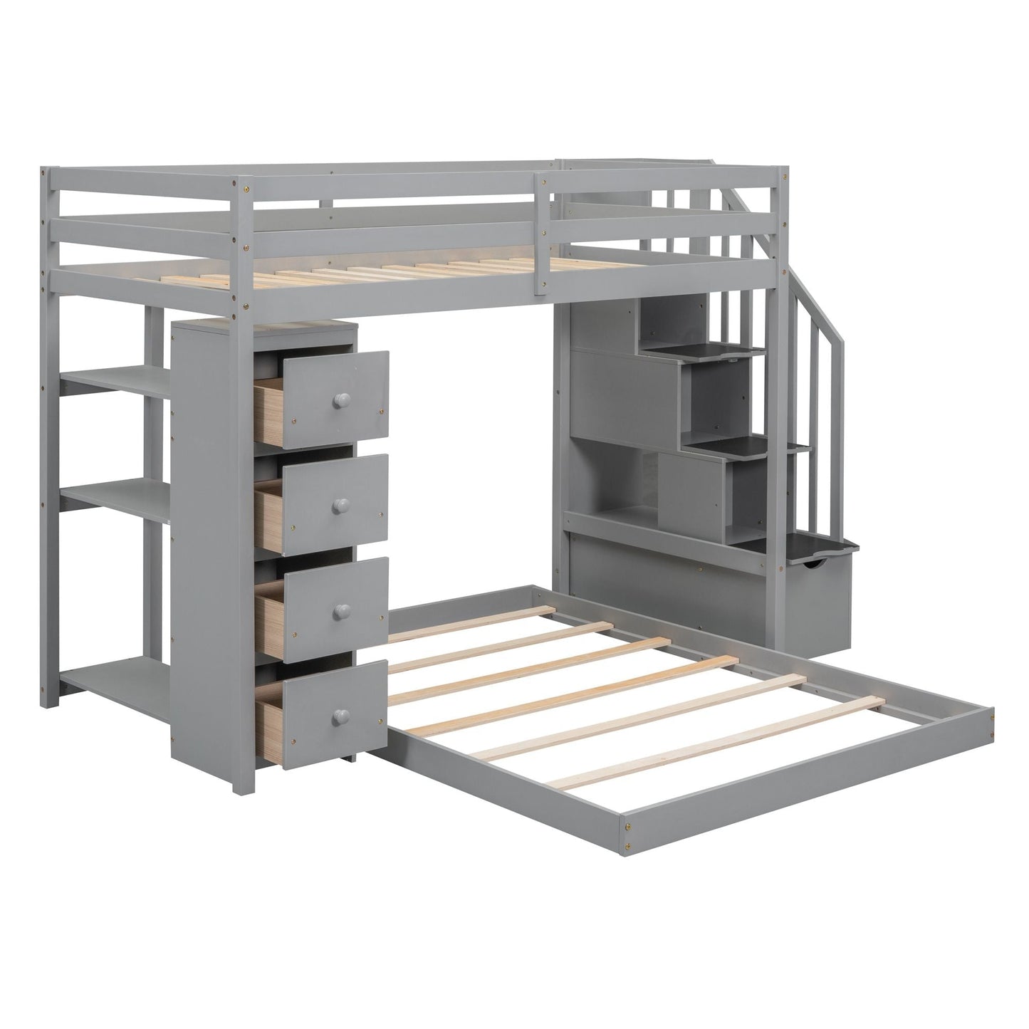 Staircase Storage Twin Over Full Wood Bunk Bed with Shelves and Drawers, Gray | Just Better Bunk Beds