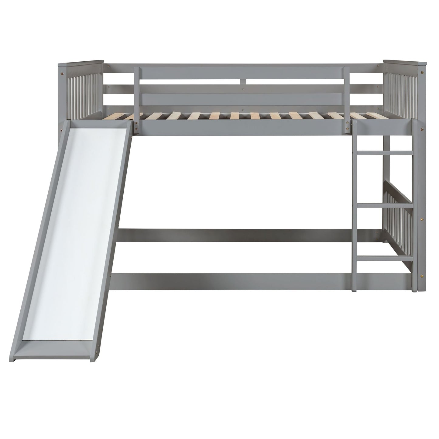 Space-Saving Full Over Full Wood Bunk Bed with Slide and Safety Guardrails, White | Just Better Bunk Beds