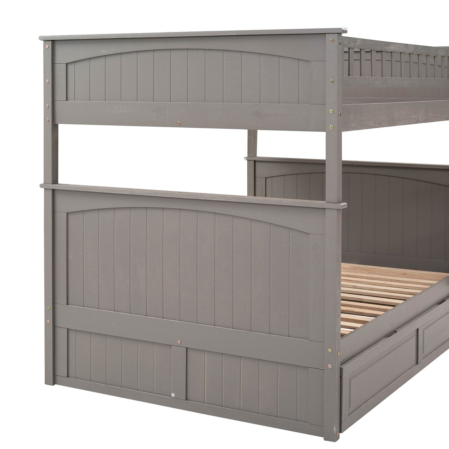 Shared Room Solution Full Over Full Pine Wood Bunk Bed with Twin Trundle and Guardrails, Brushed Gray | Just Better Bunk Beds