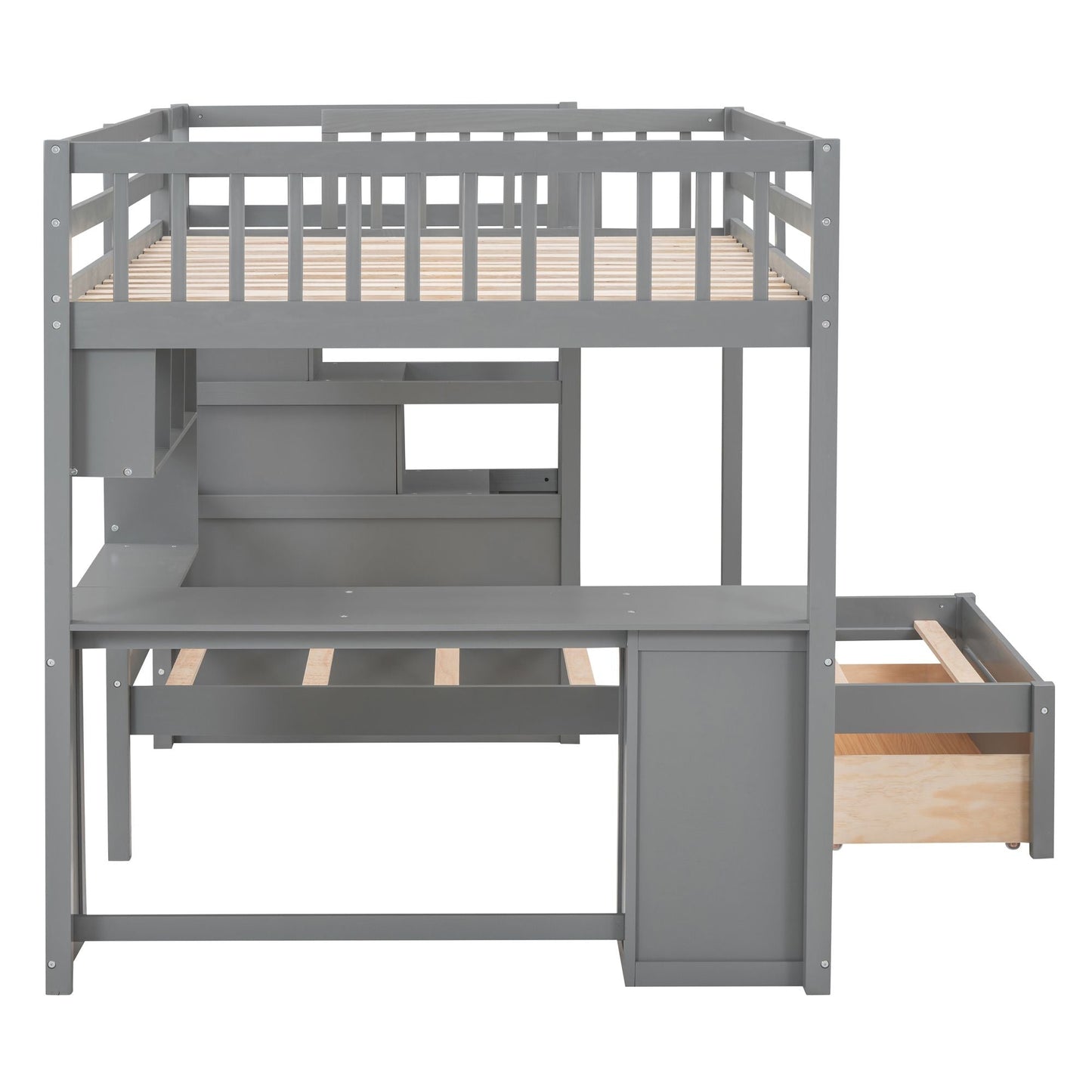 Shared Room Solution Full Over Twin Wood Bunk Bed with Desk, Drawers and Shelves, Gray | Just Better Bunk Beds