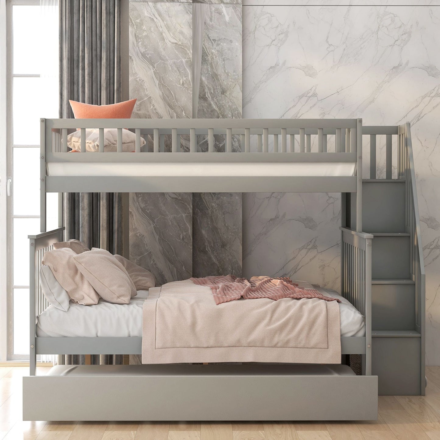 Staircase Storage Twin Over Full Wood Bunk Bed with Trundle, Gray | Just Better Bunk Beds