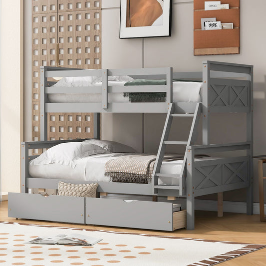 Heavy-Duty Twin Over Full Wood Bunk Bed with Ladder, Storage Drawers, Safety Guardrail, Gray | Just Better Bunk Beds