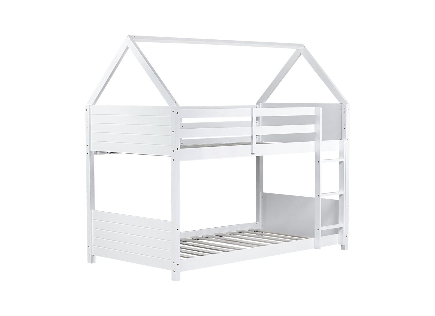 Twin Over Twin House Floor Bunk Bed with Headboards,  Footboards and Guardrails,  Ladder,  Rubber Wood Bunk Bed with Safety Guardrails, White