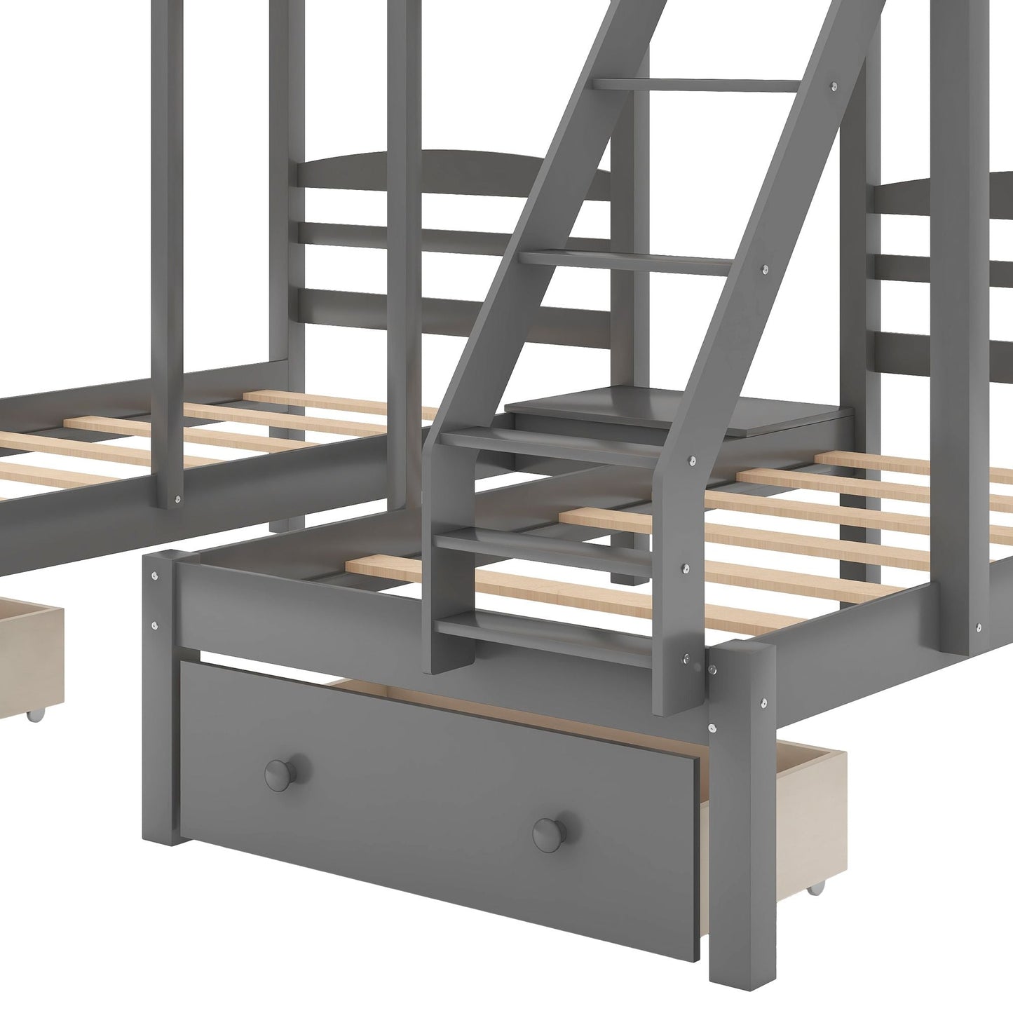 Triple Bunk Full Over Twin Over Twin Wood Bed with Drawers, Gray | Just Better Bunk Beds