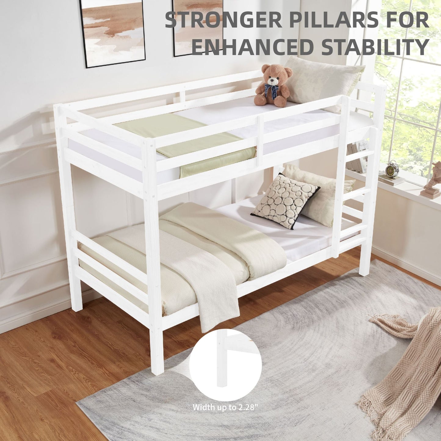 Heavy-Duty Twin Over Twin Wood Bunk Bed, White with Thick Posts, Ladder, and High Guardrail | Just Better Bunk Beds