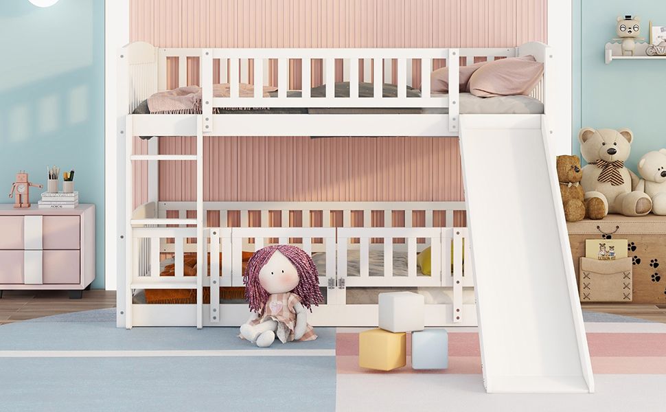 Kids Bedroom Full Over Full Wood Bunk Bed with Slide, Fence, Ladder, White | Just Better Bunk Beds