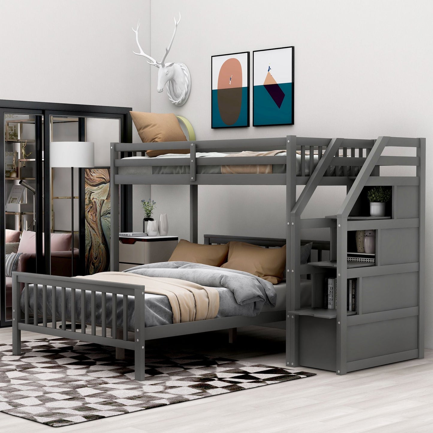 Space-Saving Twin Over Full Wood Loft Bed with Staircase, Gray | Just Better Bunk Beds