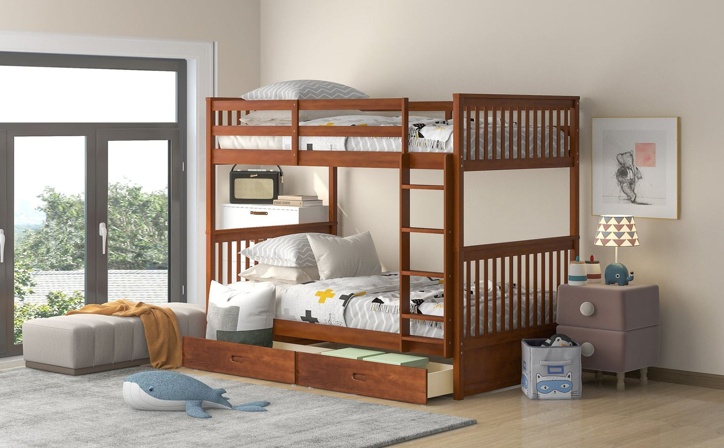 Shared Room Solution Twin Over Twin Wood Bunk Bed with Ladders and Storage Drawers, Walnut | Just Better Bunk Beds