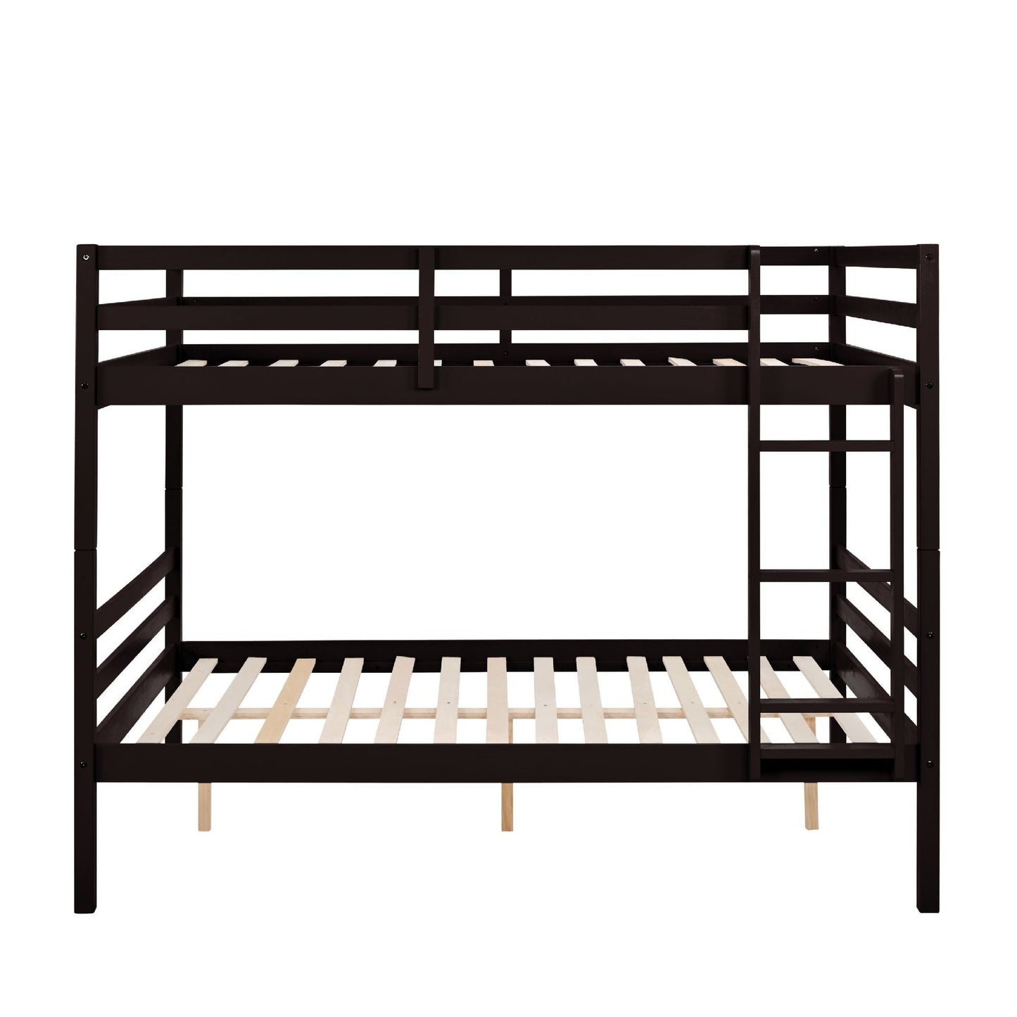 Dorm Room Full Over Full Wood Bunk Bed with Ladder and Guardrail, Espresso | Just Better Bunk Beds