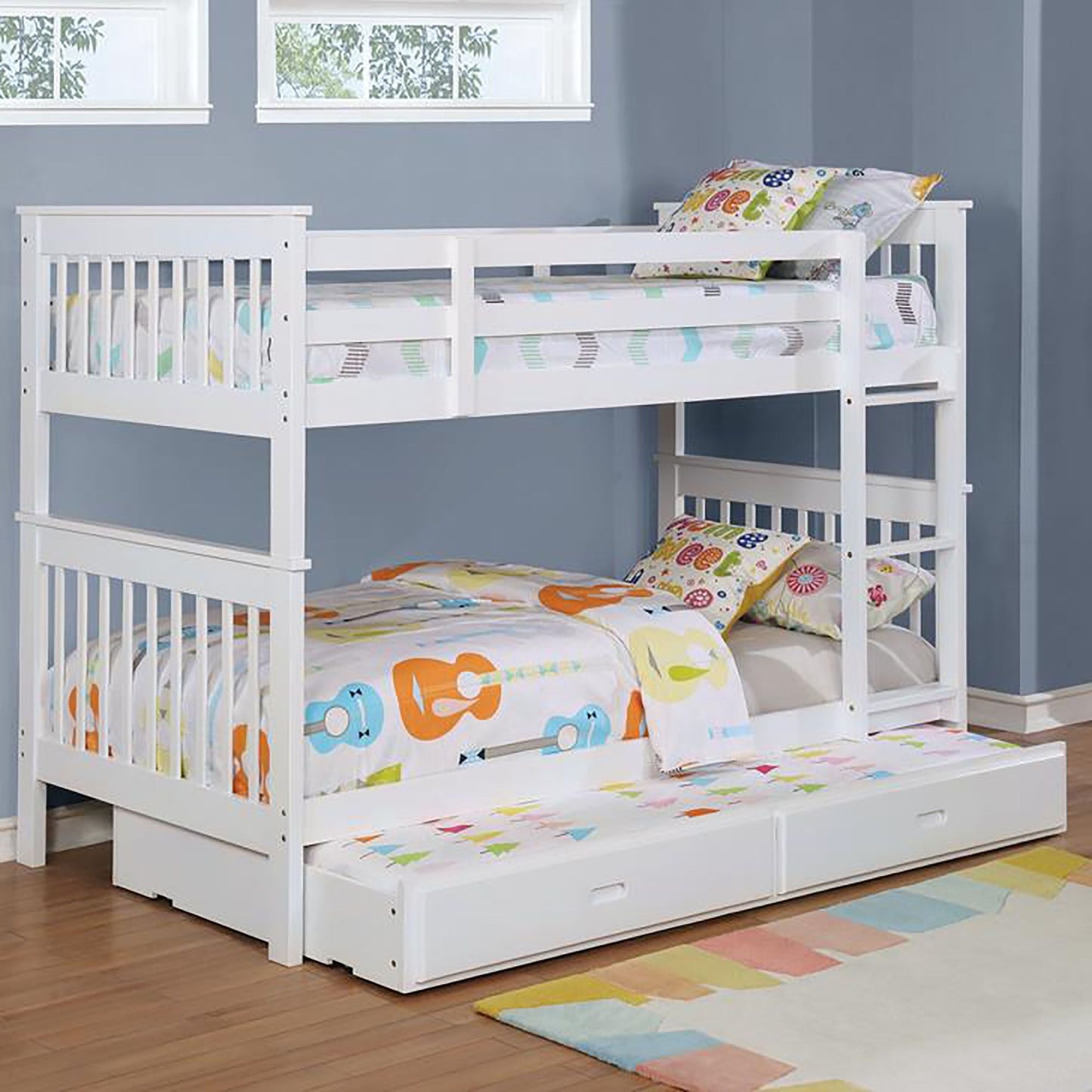 House-Style Twin Over Twin Wood Bunk Bed with White Slatted Headboard | Just Better Bunk Beds
