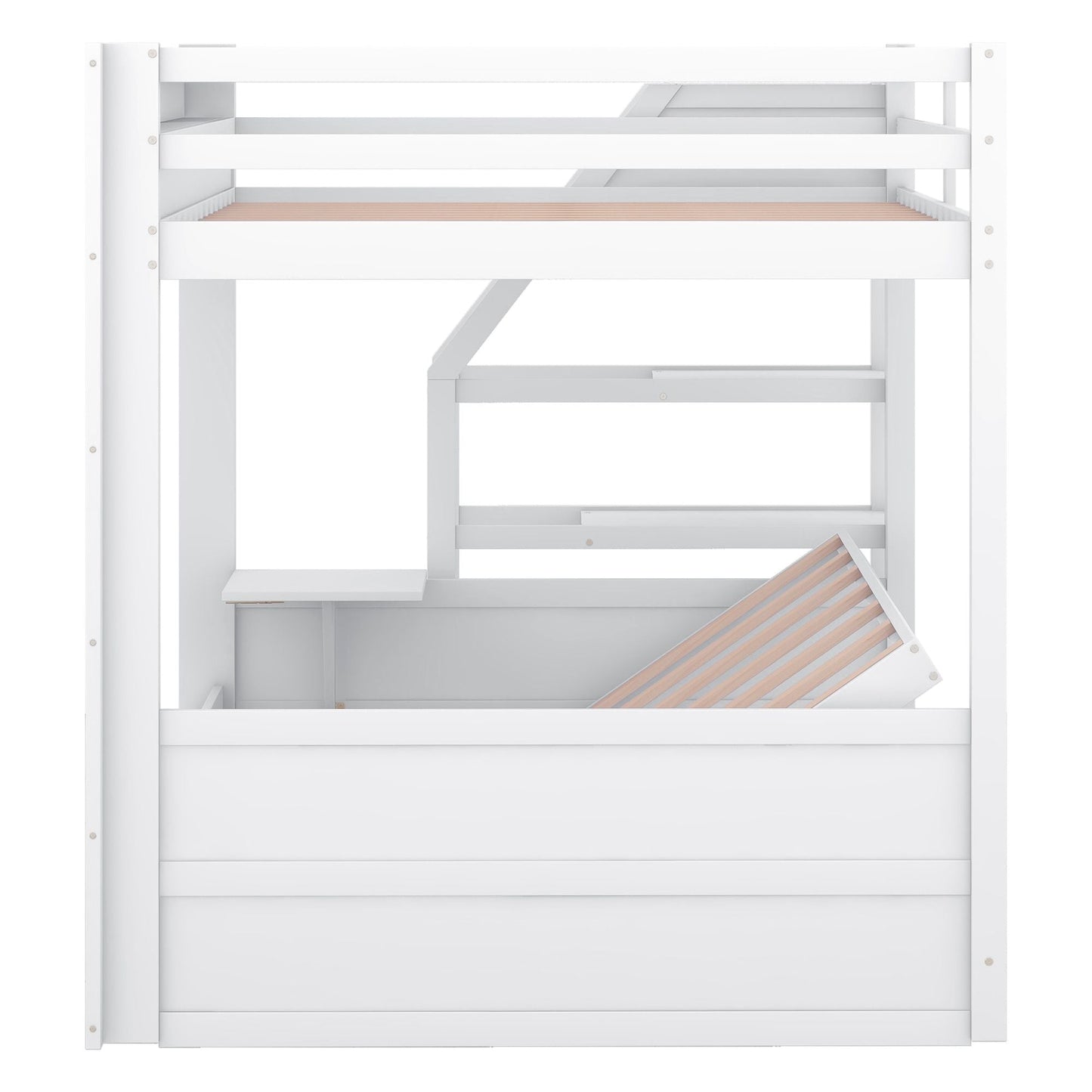 Convertible Full Wood Bunk Bed with Storage Staircase, Bedside Table, 3 Drawers, White | Just Better Bunk Beds