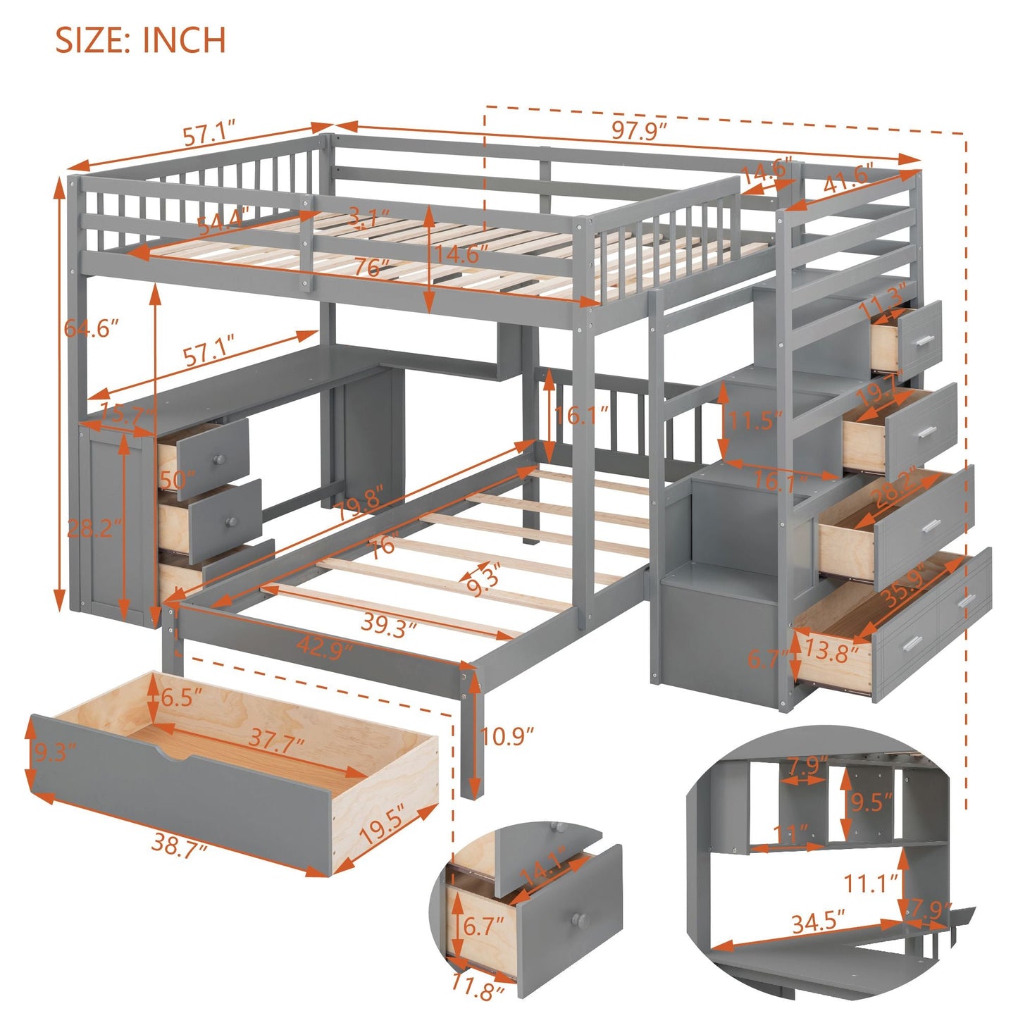Shared Room Solution Full Over Twin Wood Bunk Bed with Desk, Drawers and Shelves, Gray | Just Better Bunk Beds