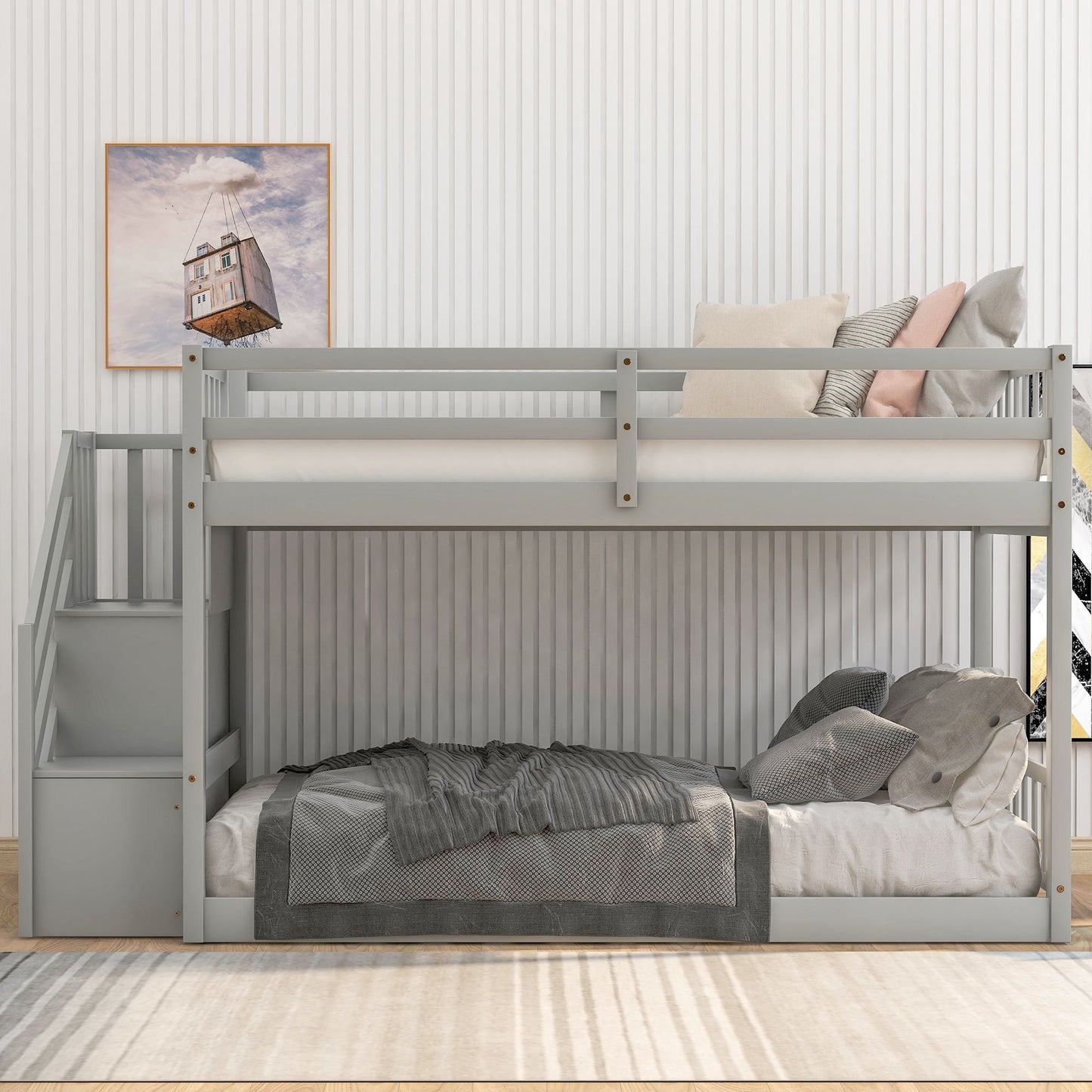 Floor-Level Twin Over Twin Wood Bunk Bed with Ladder and Storage, White | Just Better Bunk Beds
