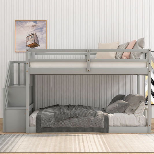 Floor-Level Twin Over Twin Wood Bunk Bed with Ladder and Storage, White | Just Better Bunk Beds