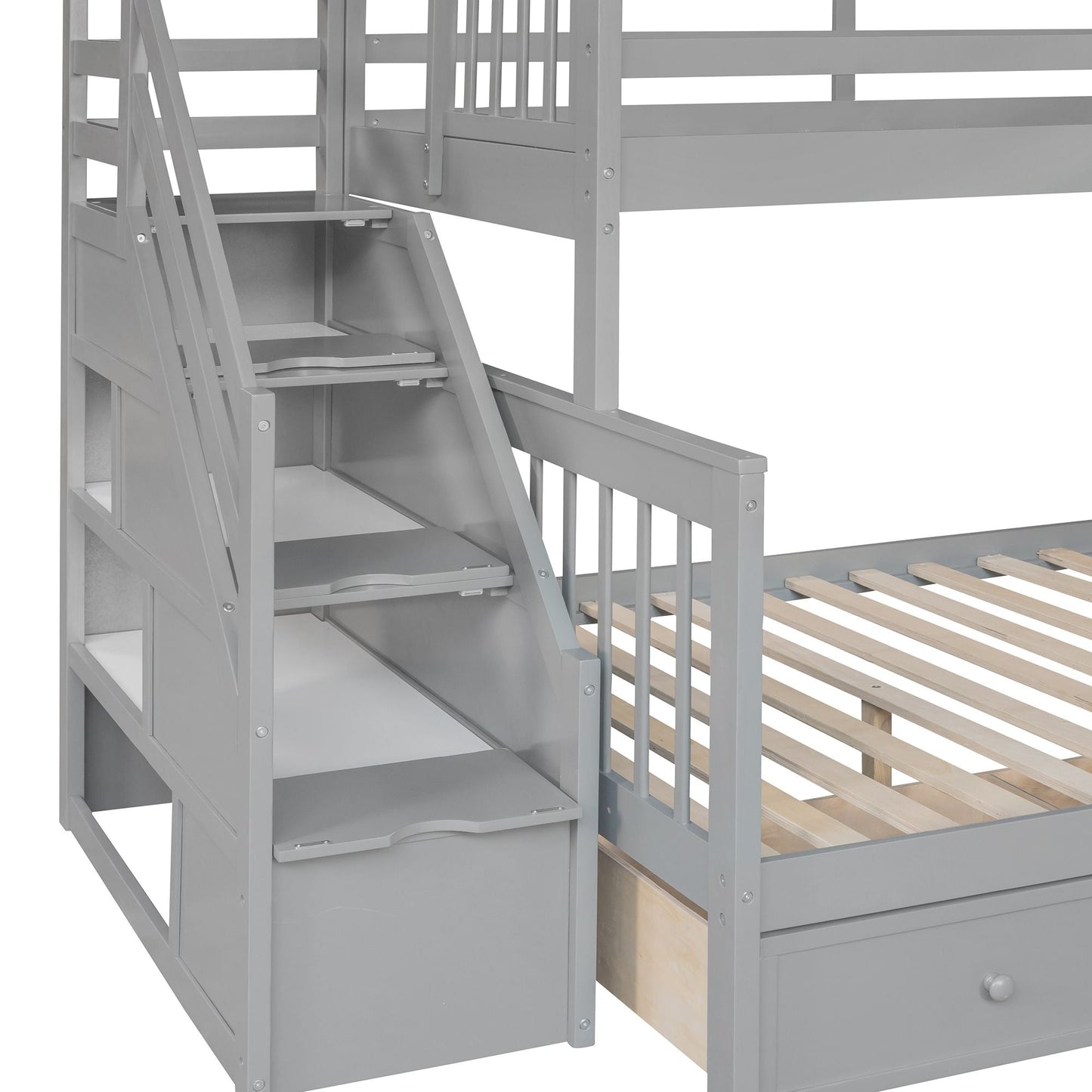 Twin over Full L-Shaped Bunk Bed With 3 Drawers,  Ladder and Staircase - Gray