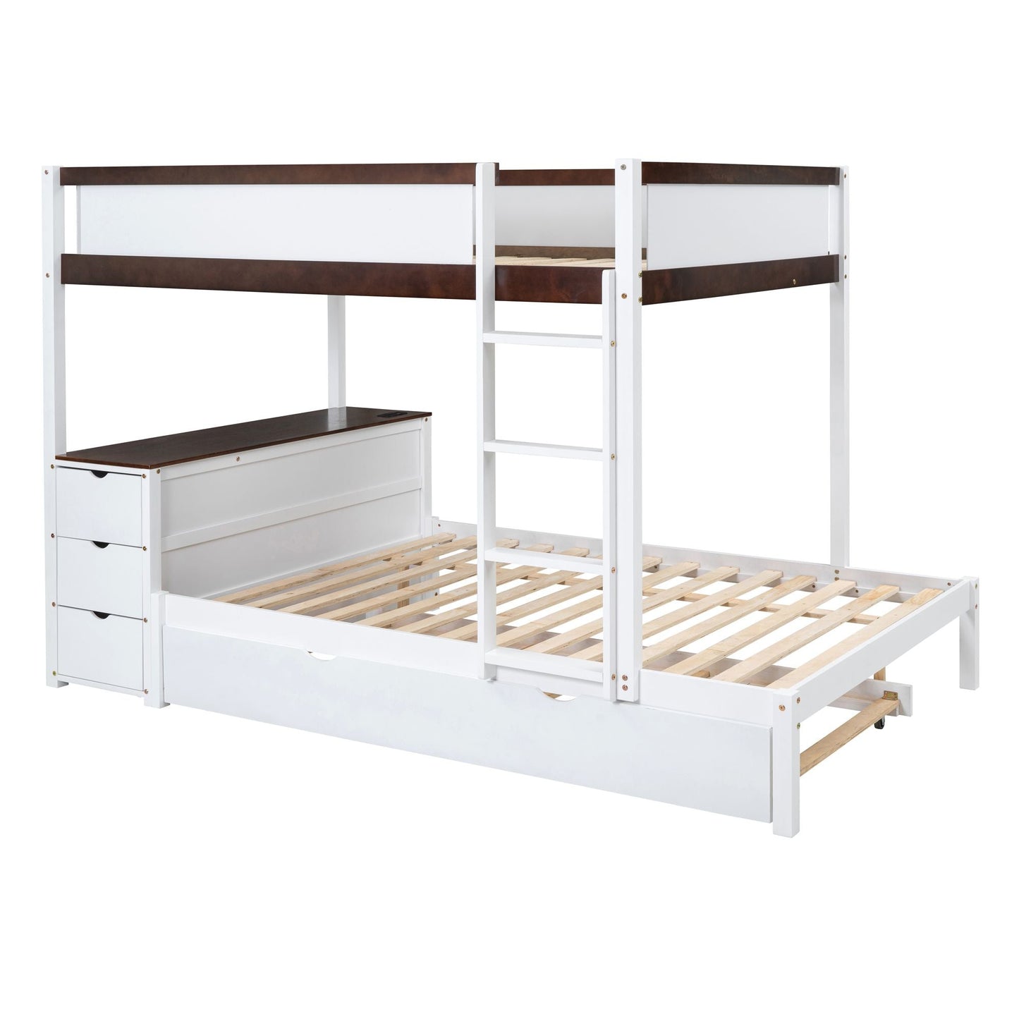 Shared Room Solution Full Over Full Wood Bunk Bed with Twin Trundle, Storage, Desk, White Walnut | Just Better Bunk Beds