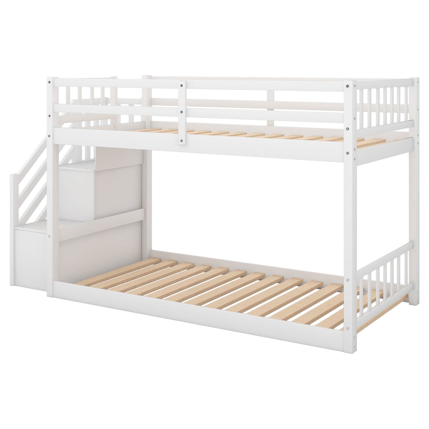 Floor-Level Twin Over Twin Wood Bunk Bed with Ladder and Storage, White | Just Better Bunk Beds