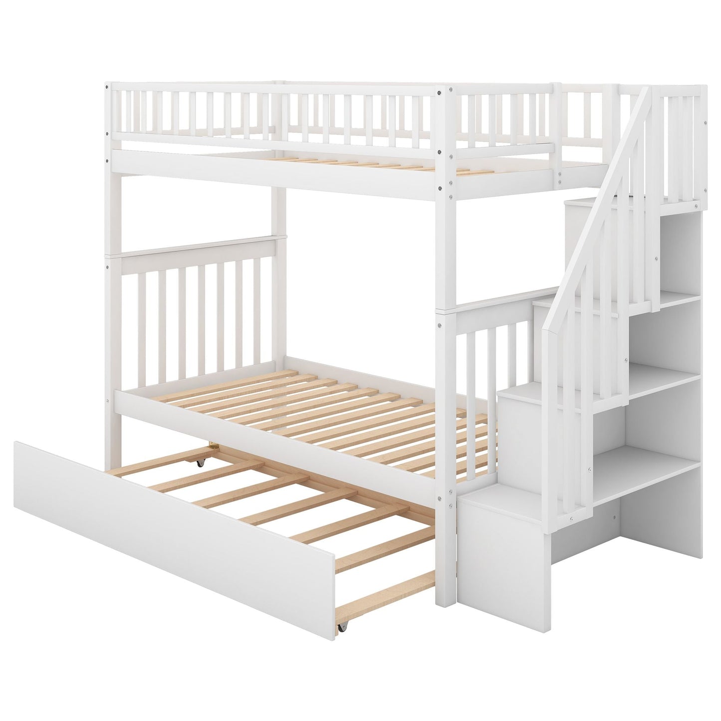 Shared Room Solution Twin Over Twin Wood Bunk Bed with Trundle and Storage, White | Just Better Bunk Beds