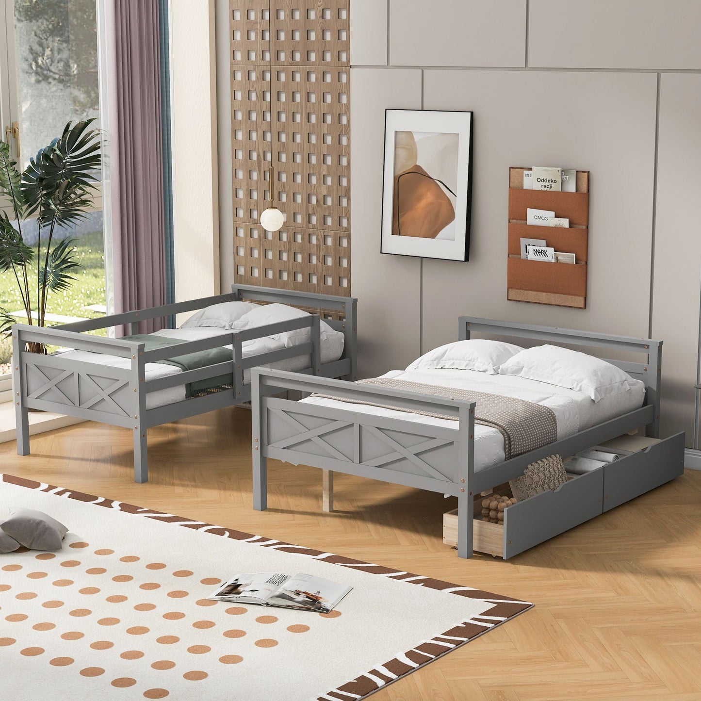 Heavy-Duty Twin Over Full Wood Bunk Bed with Ladder, Storage Drawers, Safety Guardrail, Gray | Just Better Bunk Beds