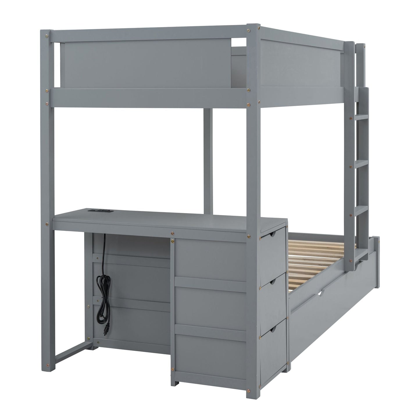 Space-Saving Twin Over Twin Wood Bunk Bed with Twin Trundle, Storage, Desk, Gray | Just Better Bunk Beds