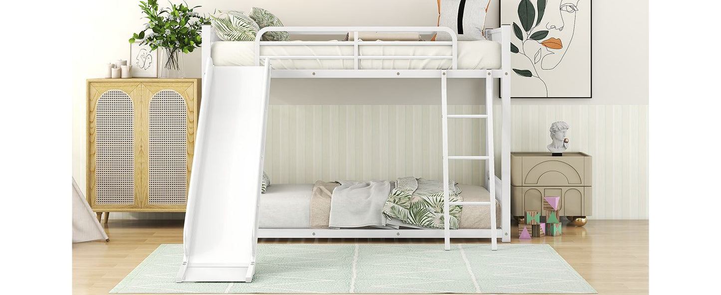 Space-Saving Metal Bunk Bed with Slide Twin Over Twin, White | Just Better Bunk Beds