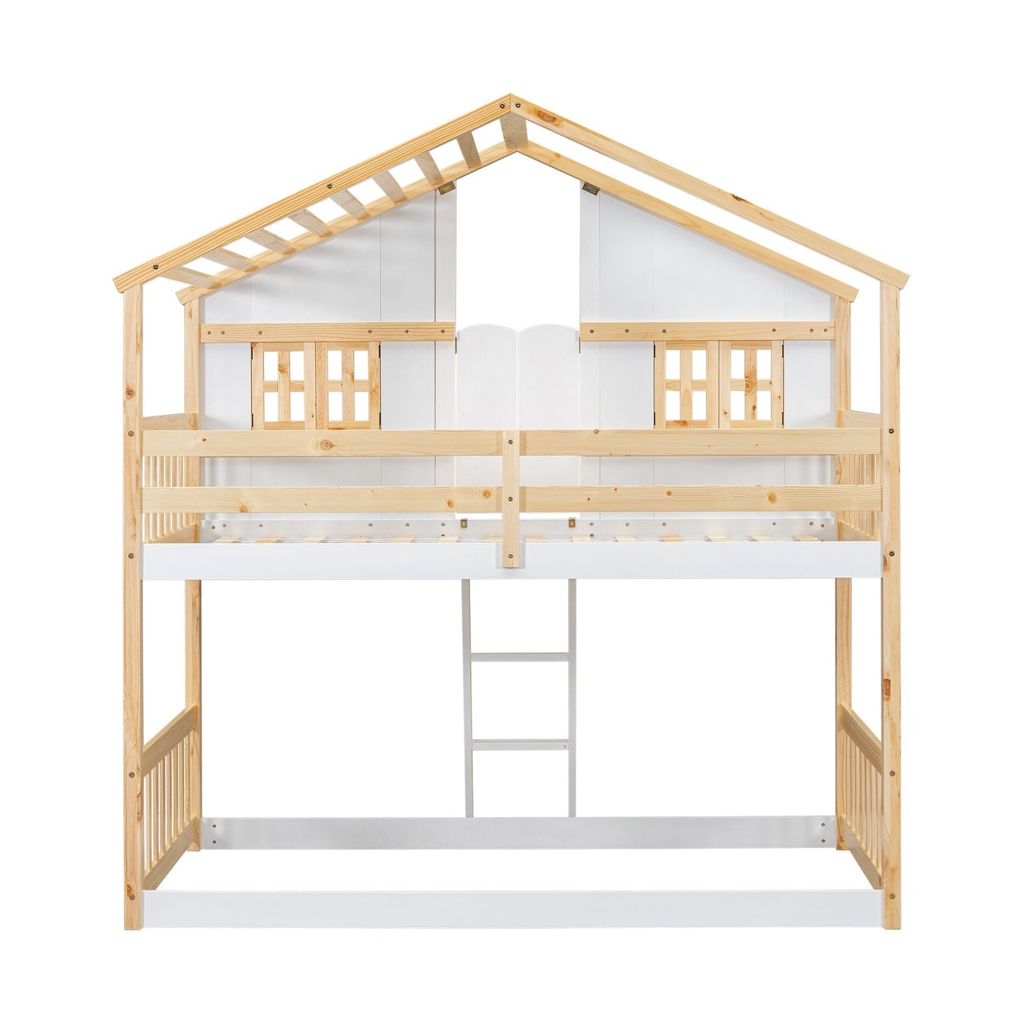 House-Style Twin Over Twin Wood Bunk Bed with Roof, Window, Door, and Ladder, Multiple Colors | Just Better Bunk Beds