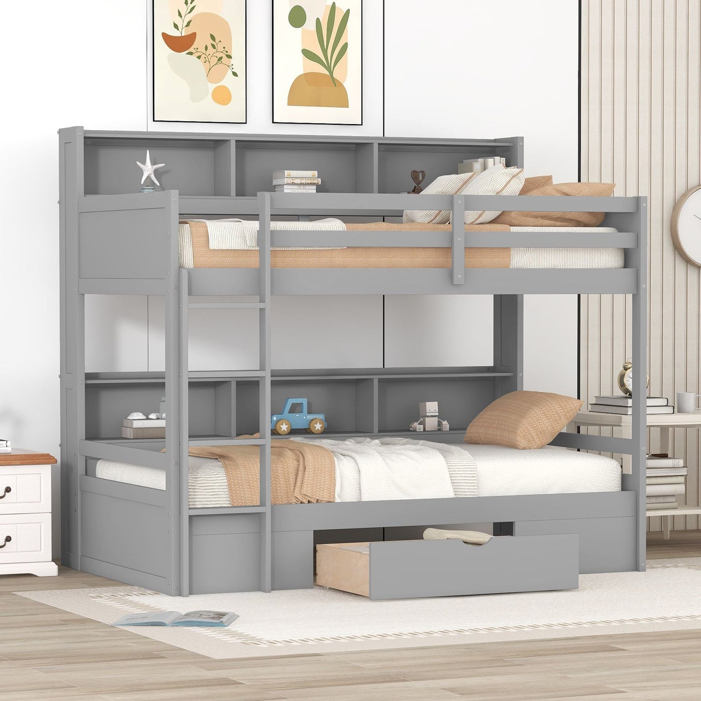 Shared Room Solution Twin Wood Bunk Bed with Built-In Shelves and Storage, White | Just Better Bunk Beds