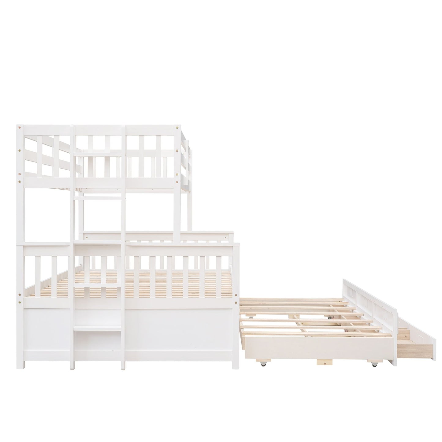 Shared Room Solution Twin Over Full Wood Bunk Bed with Twin Trundle and Drawers, White | Just Better Bunk Beds