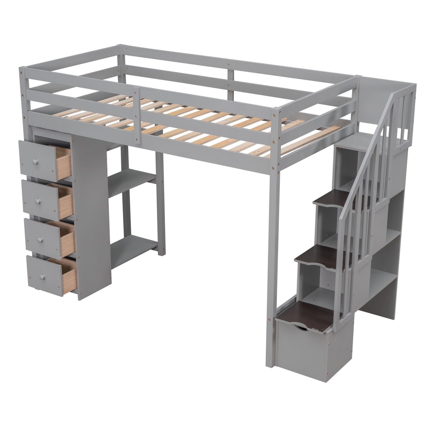 Kids Bedroom Twin Wood Loft Bed with Storage Drawers and Stairs, Espresso | Just Better Bunk Beds