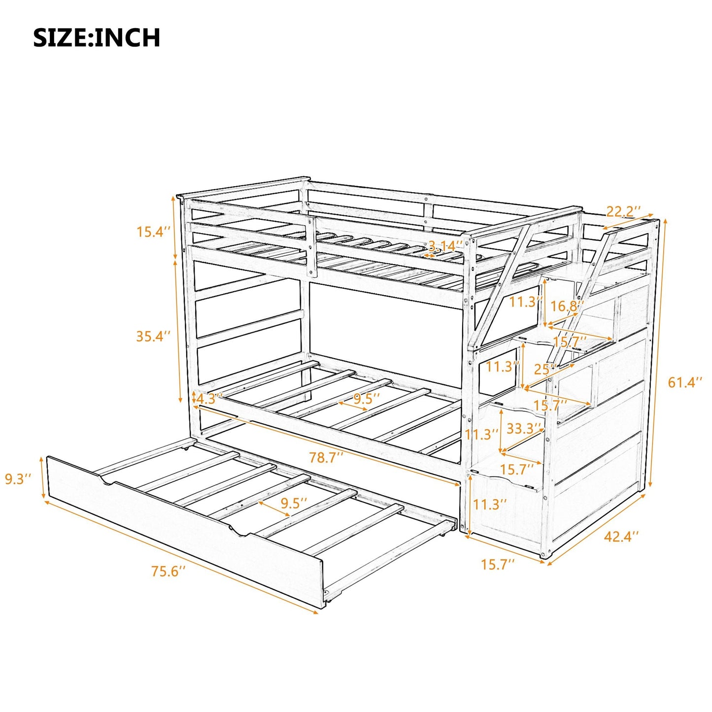 Twin-Over-Twin Bunk Bed with Twin Size Trundle and 3 Storage Stairs White