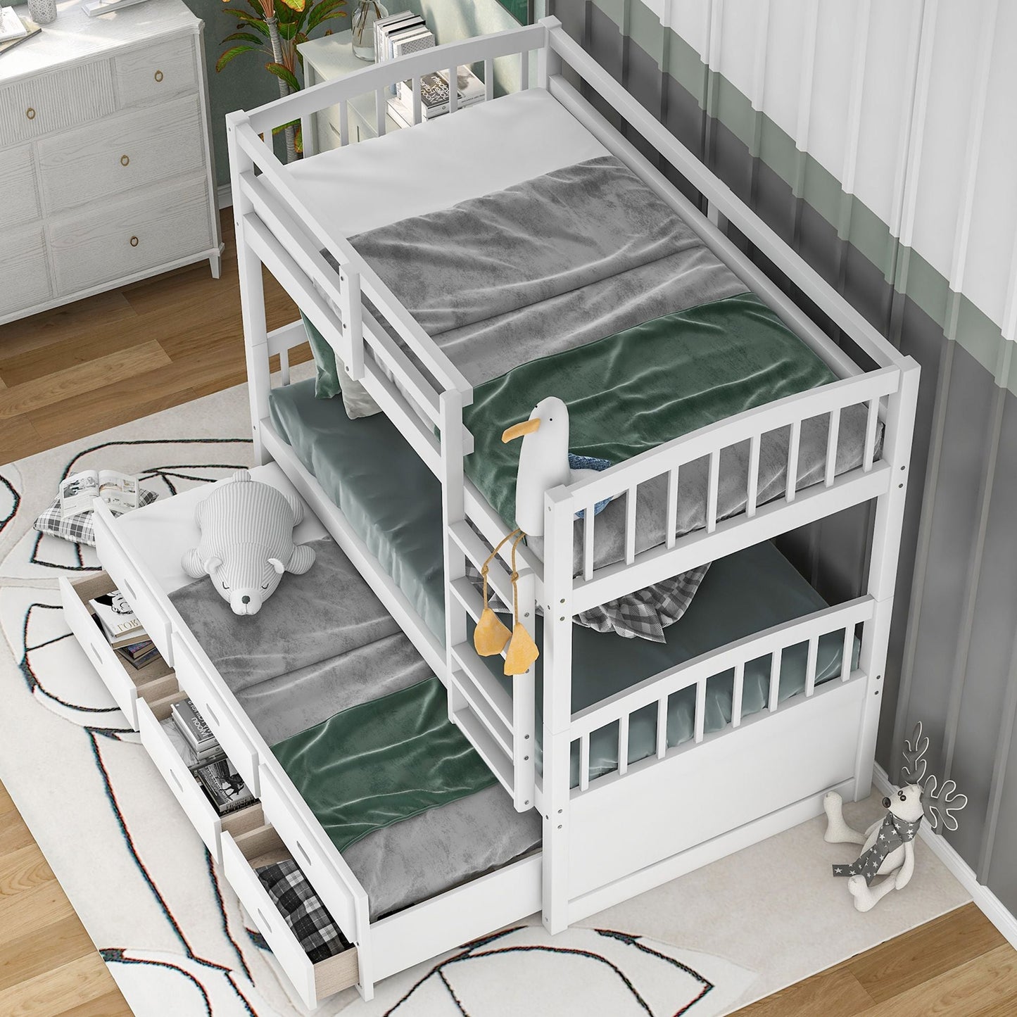 Space-Saving Twin Over Twin Wood Bunk Bed, White with Trundle and Drawers | Just Better Bunk Beds