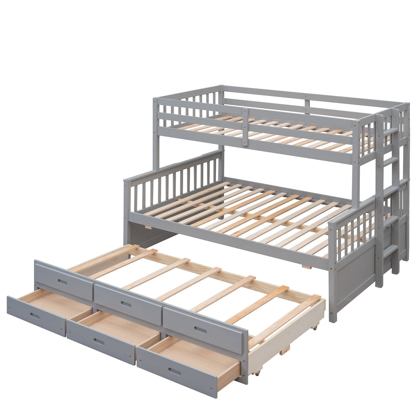 Space-Saving Twin Over Full Wood Bunk Bed with Twin Trundle and Drawers, Gray | Just Better Bunk Beds