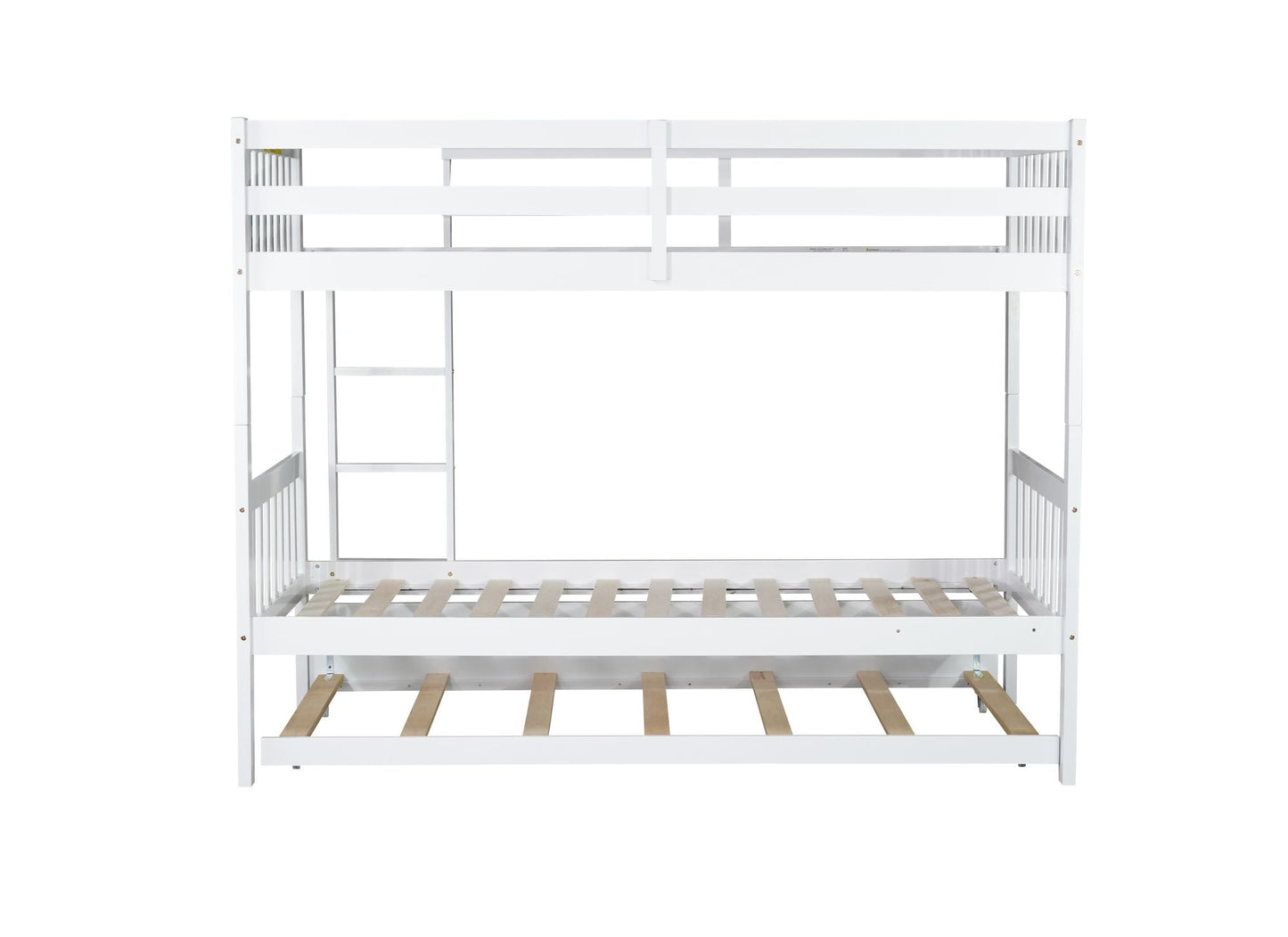 Space-Saving Twin Over Twin Rubber Wood Bunk Bed with Trundle, Convertible Beds, Ladder, Guardrails, White | Just Better Bunk Beds